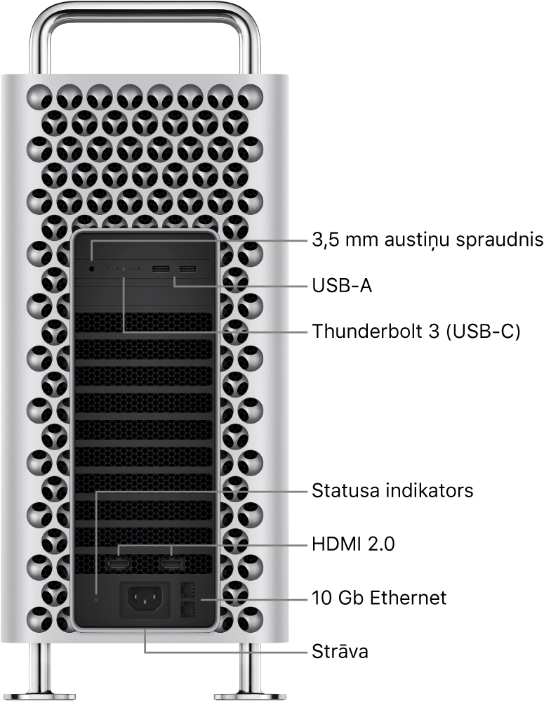 Skats uz Mac Pro datoru no sāna; redzama 3,5 mm austiņu ligzda, divi USB-A porti, divi Thunderbolt 3 (USB-C) porti, statusa indikatora gaismiņa, divi HDMI 2.0 porti, divi 10 gigabitu Ethernet porti un strāvas pieslēgvieta.