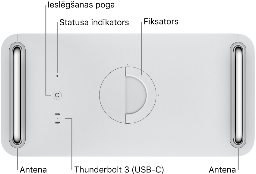 Skats uz Mac Pro datoru no augšas; redzama ieslēgsanas poga, sistēmas indikatora gaismiņa, fiksators, antena un divi Thunderbolt 3 (USB-C) porti.
