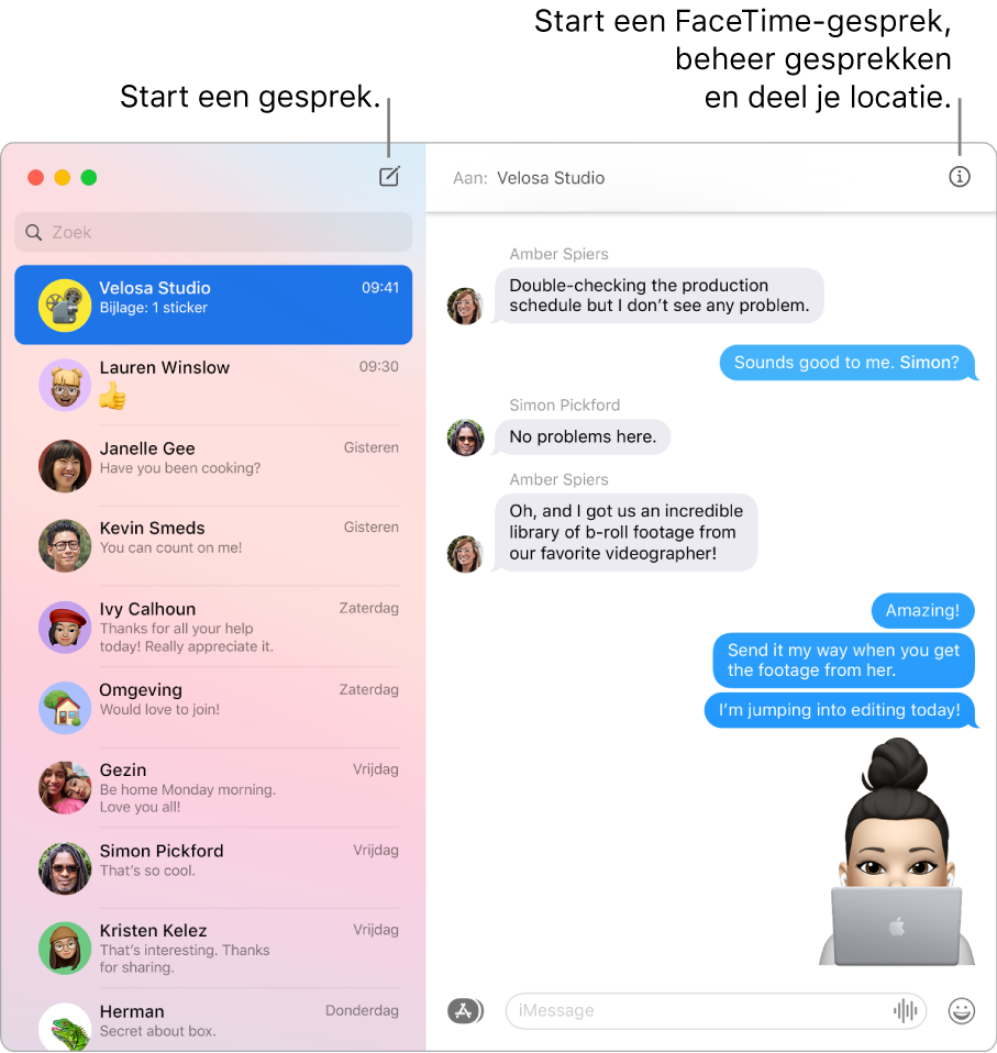 Een Berichten-venster waarin wordt aangegeven hoe je een gesprek en een FaceTime-gesprek start.