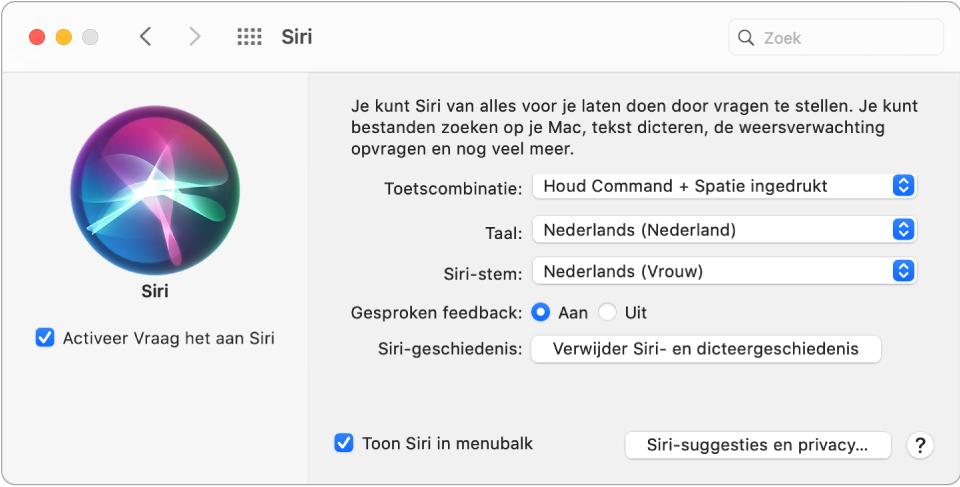 Het voorkeurenvenster 'Siri' met links het aankruisvak 'Activeer Vraag het aan Siri' dat is ingeschakeld en rechts verschillende opties om Siri aan te passen.