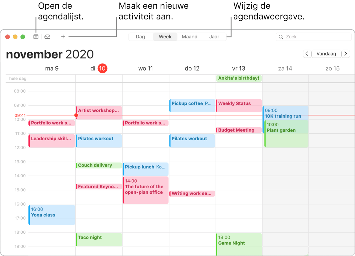 Een Agenda-venster waarin wordt aangegeven hoe je een activiteit aanmaakt, de agendalijst weergeeft en de dag-, week-, maand- of jaarweergave kiest.