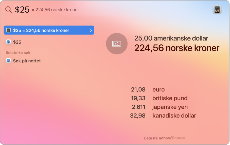 Et skjermbilde som viser dollar konvertert til pesos, med topptreff som viser konverteringen og flere alternativer som kan velges.