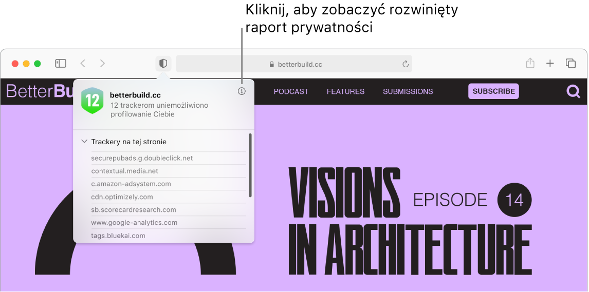 Okno Safari z preferencjami witryny, takimi jak: Używaj widoku Reader, gdy jest dostępny, Włącz blokady zawartości, Zoom strony, Autoodtwarzanie oraz Okna wyskakujące.
