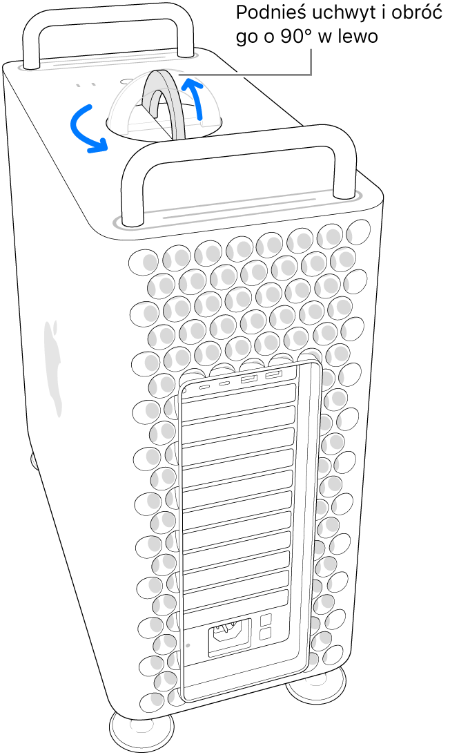 Pokazany jest pierwszy krok zdejmowania obudowy komputera, przez uniesienie uchwytu i obrócenie go o 90 stopni.
