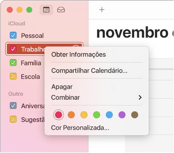 Menu de atalho do Calendário, com opções de cores para personalizar a cor de um calendário.