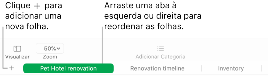 Janela do Numbers mostrando como adicionar uma nova folha e como reordenar as folhas.