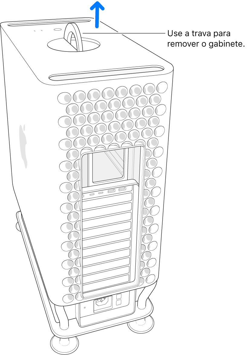 A trava foi girada e está virada para cima; o gabinete está sendo removido do computador.