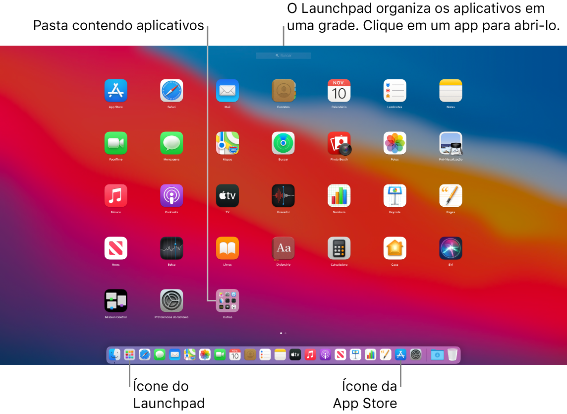 Tela do Mac com o Launchpad aberto, mostrando uma pasta de apps no Launchpad e os ícones do Launchpad e da App Store no Dock.