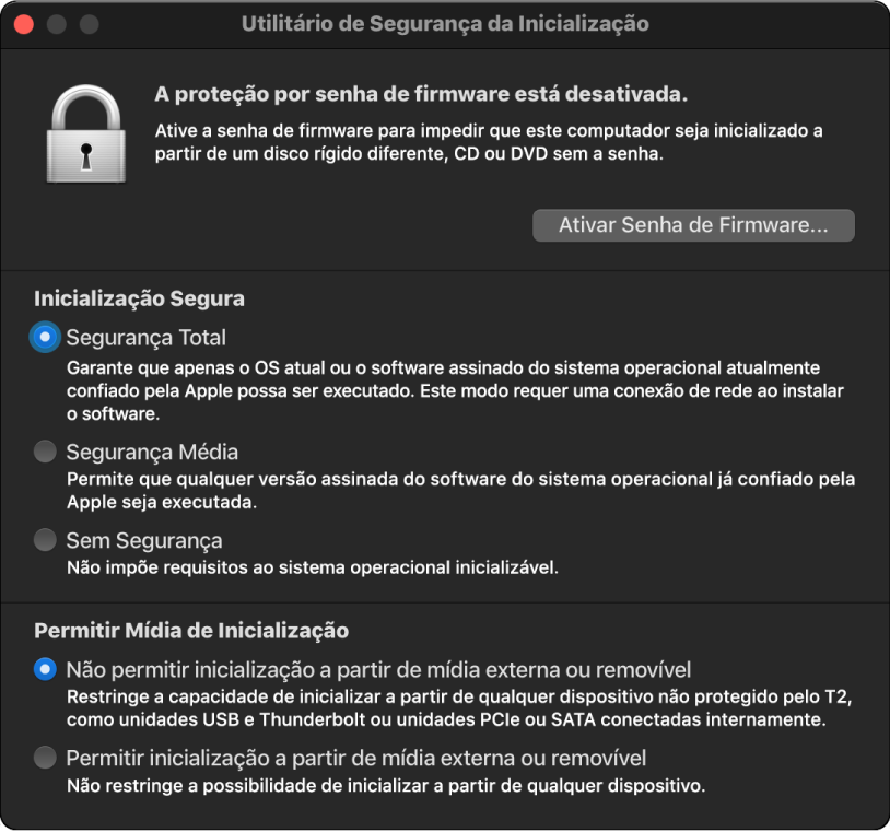 Janela do Utilitário de Segurança da Inicialização aberta com uma opção marcada para inicialização segura e uma opção marcada para inicialização externa.