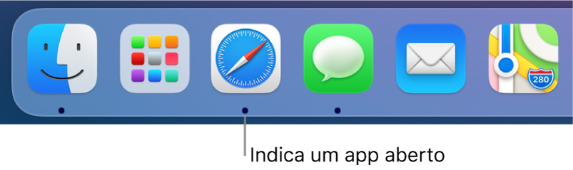 Uma parte do Dock exibindo pontos pretos abaixo dos apps abertos.