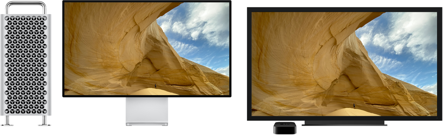 Um Mac Pro com o respetivo conteúdo projetado num televisor de alta definição de grandes dimensões utilizando uma Apple TV.