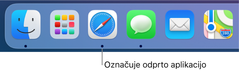 Del vrstice Dock prikazuje črne pike pod odprtimi aplikacijami.