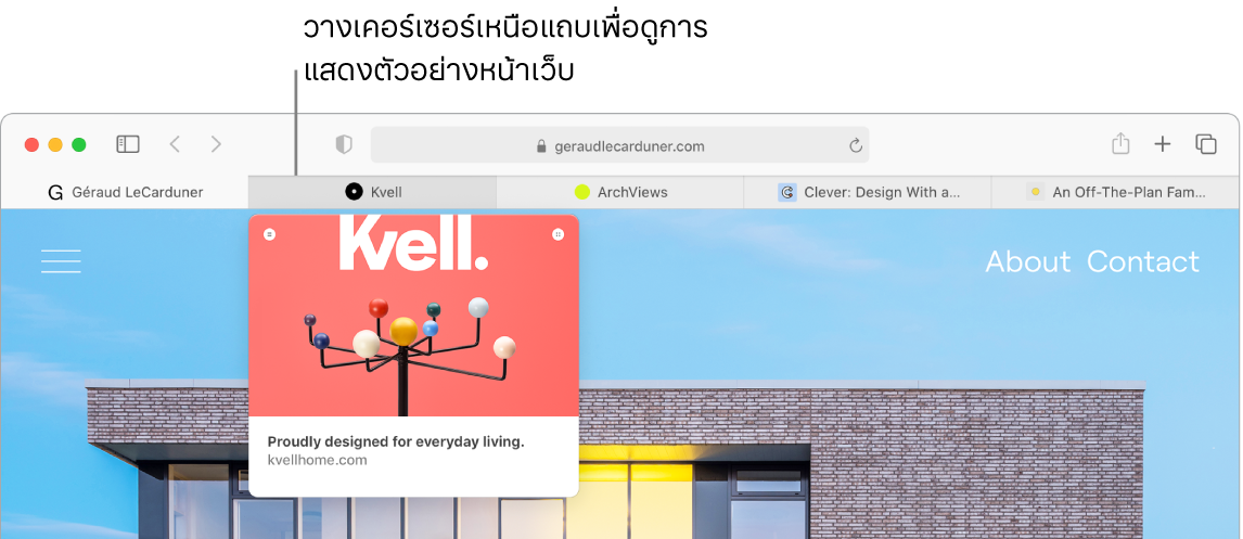 หน้าต่างแอพ Safari ที่มีห้าแถบที่แสดง Favicon พร้อมทั้งป้ายแถบ ด้านล่างแถบหนึ่งคือหน้าต่างการแสดงตัวอย่างของเนื้อหาของแถบนั้น