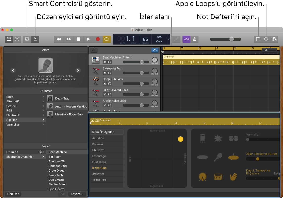 Smart Controls’e, Düzenleyiciler’e, Notlar’a ve Apple Loops’a erişim düğmelerini gösteren bir GarageBand penceresi. Ayrıca, izler görüntüsünü gösterir.