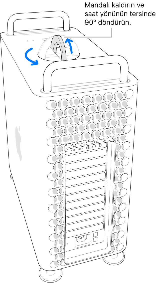Mandal kaldırılıp 90 derece döndürülerek bilgisayarın kasasını çıkarma ilk adımı gösteriliyor.