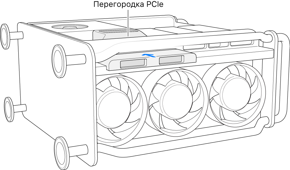 Mac Pro, покладений на бік, перегородка PCIe, а також кришка SSD.