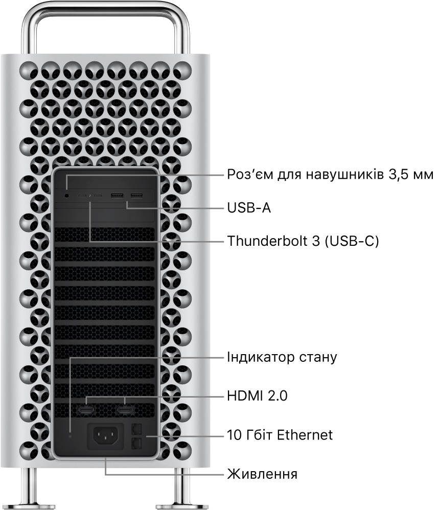 Вигляд Mac Pro збоку з гніздом 3,5 мм для навушників, двома портами USB-A, двома портами Thunderbolt 3 (USB-C), світловим індикатором стану, двома портами HDMI 2.0, двома портами 10 Gigabit Ethernet і портом живлення.
