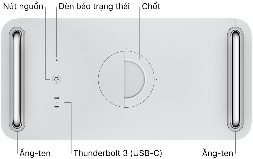Mặt trên của Mac Pro đang hiển thị nút Nguồn, đèn báo trạng thái, chốt, ăng-ten và hai cổng Thunderbolt 3 (USB-C).
