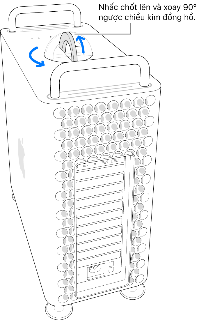 Minh họa bước đầu tiên để tháo vỏ máy tính bằng cách nhấc chốt lên và xoay một góc 90 độ.