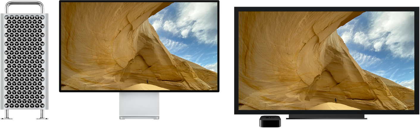 Mac Pro 内容通过 Apple TV 镜像到大的 HDTV 上。
