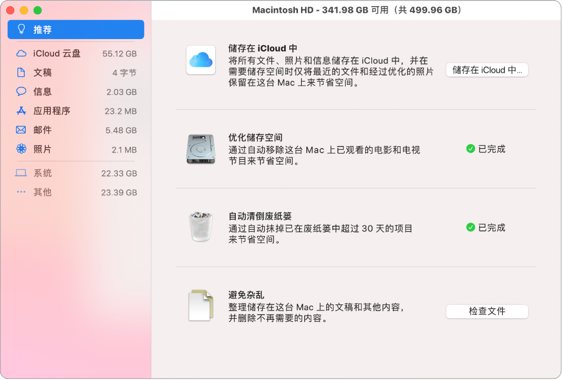 储存空间的“推荐”偏好设置,显示“储存在 iCloud 中”、“优化储存空间”、“自动抹掉废纸篓”和“避免杂乱”选项。