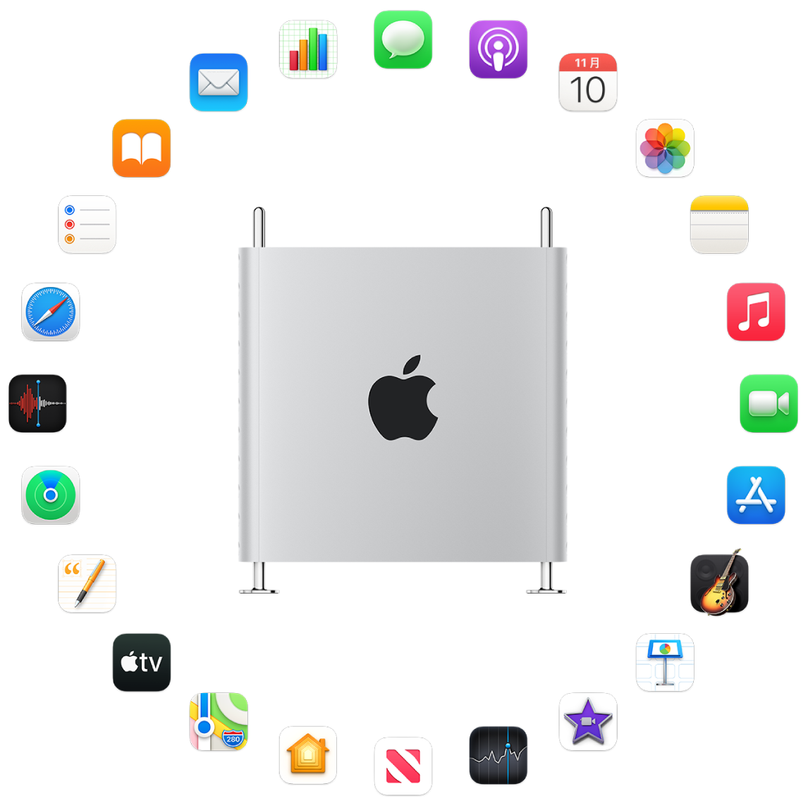 内建 App 图标围绕 Mac Pro，App 描述可参阅以下章节。