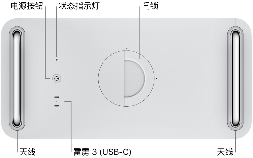 Mac Pro 的顶部,显示了电源按钮、系统指示灯、闩锁、天线和两个雷雳 3 (USB-C) 端口。