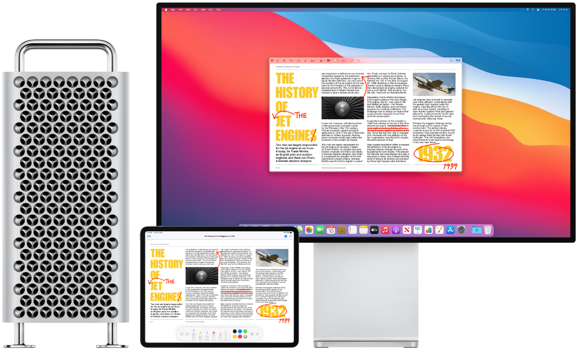 并排摆放的一台 Mac Pro 和一台 iPad。两个屏幕显示满是红色编辑标记的文章，如划掉的句子、箭头和添加的字词。iPad 屏幕底部也有标记控制。