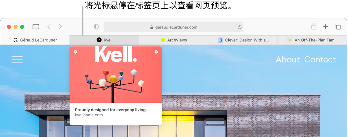 Safari 浏览器窗口,其中五个标签页显示网站图标和标签页标签。一个标签页下方是该标签页内容的预览窗口。