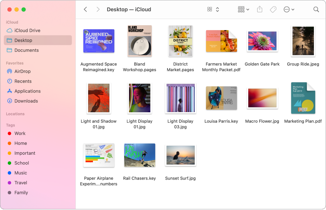 نافذة Finder مفتوحة، تعرض الملفات والمجلدات على هيئة أيقونات.