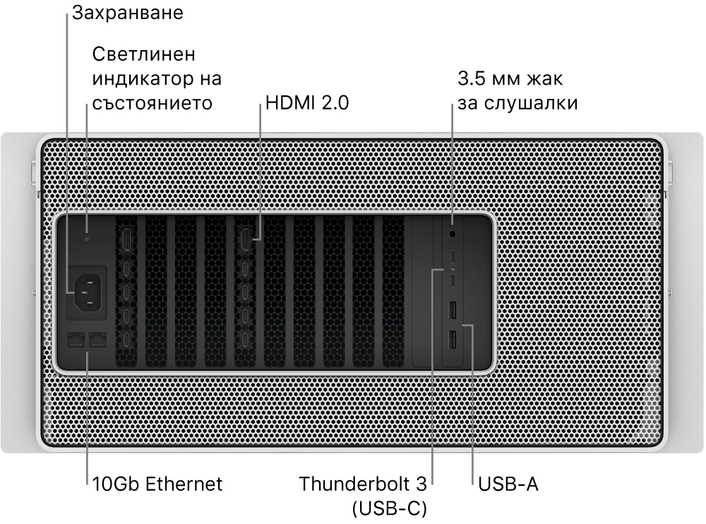 Изглед отзад на Mac Pro, който показва порта за захранване, светлина на индикатора на състоянието, два HDMI 2.0 порта, 3.5 мм жак за слушалки, два 10 Gigabit Ethernet порта, два Thunderbolt 3 (USB-C) порта и два USB-A порта.