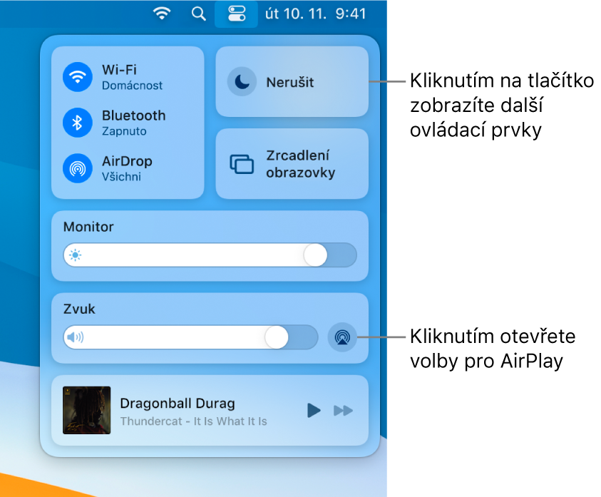 Zvětšené zobrazení Ovládacího centra na Macu.