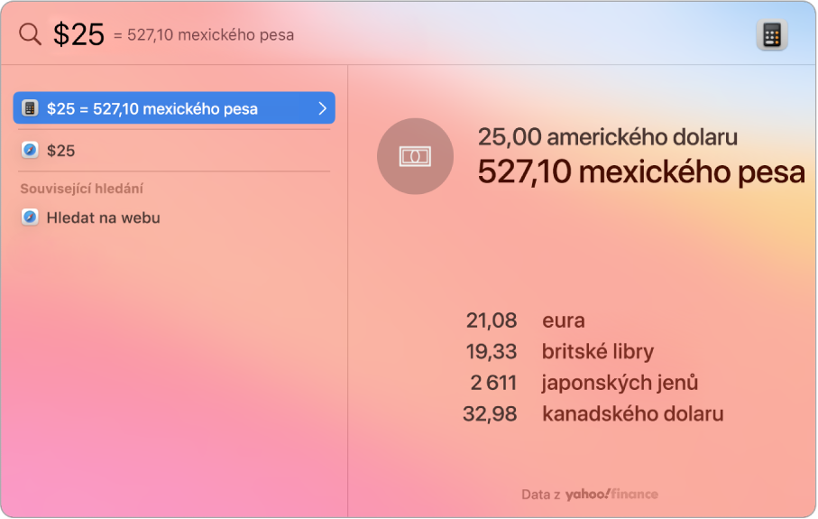 Snímek obrazovky s převodem částky v dolarech na pesos, který se zobrazuje v řádku nejlepšího výsledku, a s několika dalšími výsledky pod ním