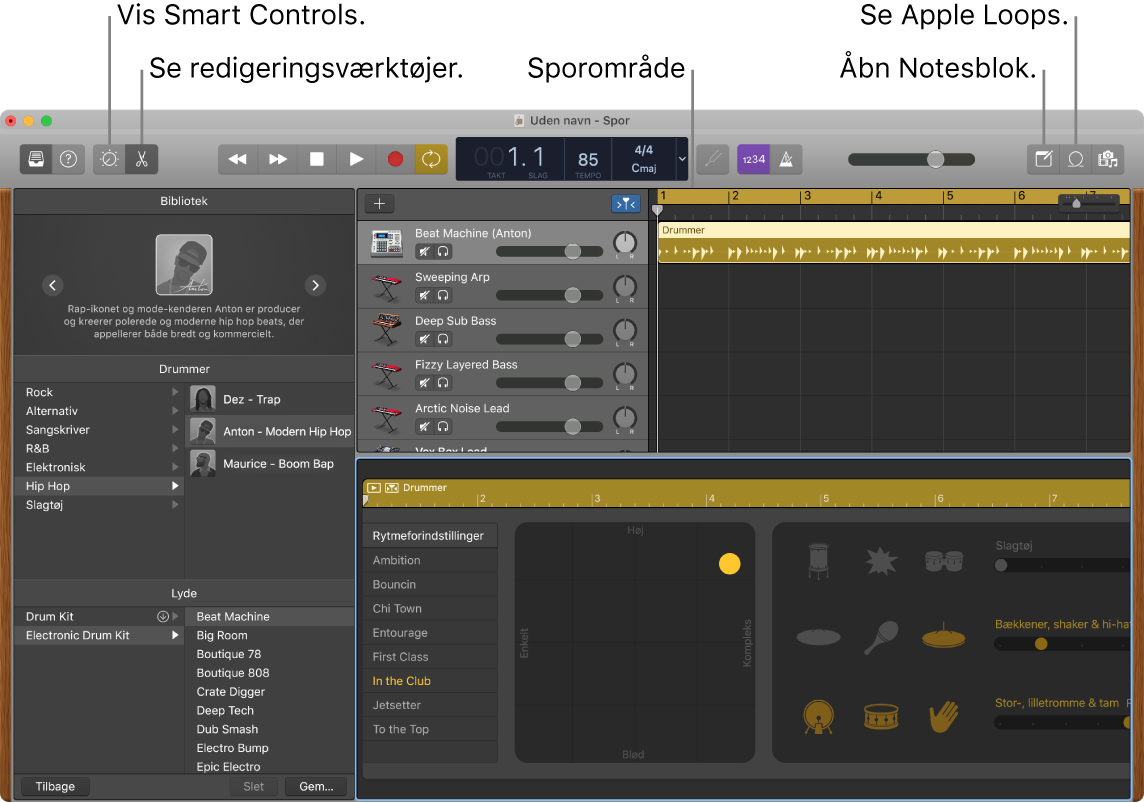 Et GarageBand-vindue med knapper til Smart Controls, Redigeringsværktøjer, Noter og Apple Loops. Oversigten over spor vises også.