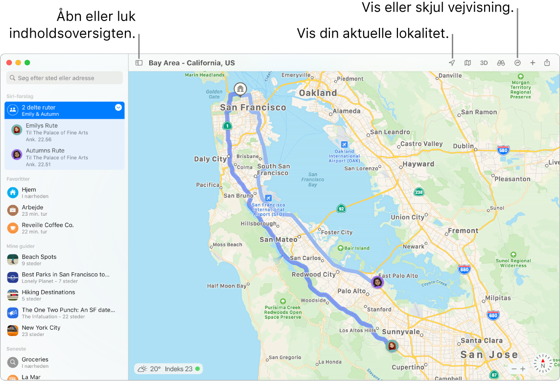 Et vindue i Kort, der viser, hvordan du får vejvisning ved at klikke på en destination i indholdsoversigten, hvordan du åbner og lukker indholdsoversigten, og hvordan du finder din nuværende lokalitet på kortet.