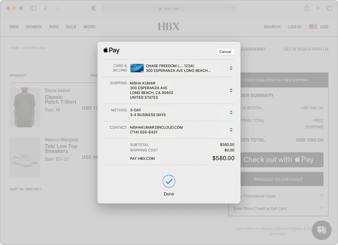 Et Mac-skærmbillede, der viser et igangværende køb med muligheden Apple Pay i Safari.