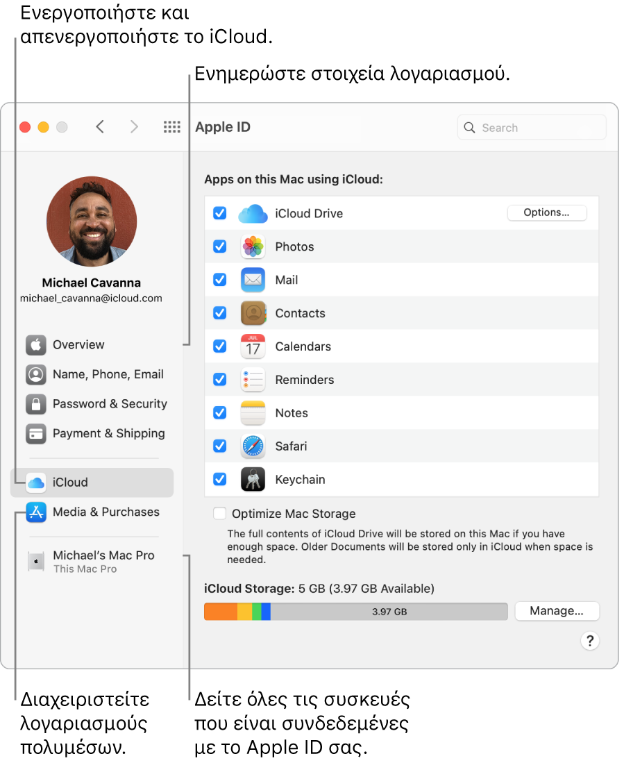 Το τμήμα Apple ID στις Προτιμήσεις συστήματος. Κάντε κλικ σε ένα στοιχείο στην πλαϊνή στήλη για ενημέρωση των στοιχείων του λογαριασμού σας, ενεργοποίηση ή απενεργοποίηση του iCloud, διαχείριση λογαριασμών πολυμέσων και εμφάνιση όλων των συσκευών που έχουν συνδεθεί με το Apple ID σας.