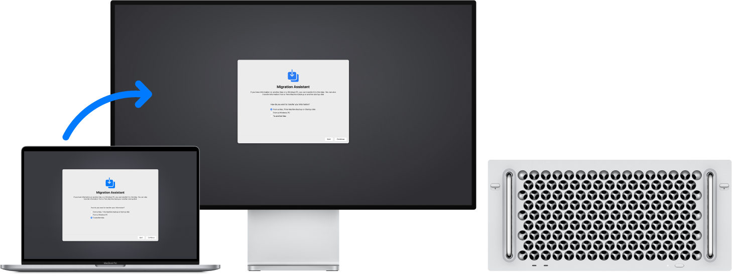 A MacBook displaying the Migration Assistant screen, connected to a Mac Pro that also has the Migration Assistant screen open.