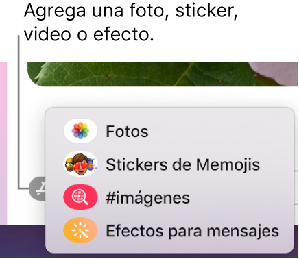 El menú Apps con opciones para mostrar fotos, stickers de Memoji, imágenes GIF y efectos para mensajes.