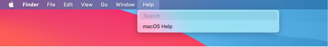 Osaline töölaud koos avatud Help-menüüga, kus kuvatakse funktsioonide Search ja macOS Help menüüvalikuid.