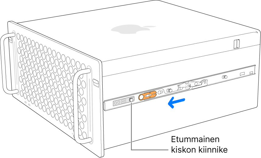 Mac Pro, jossa kisko liukuu eteenpäin ja lukittuu paikalleen.