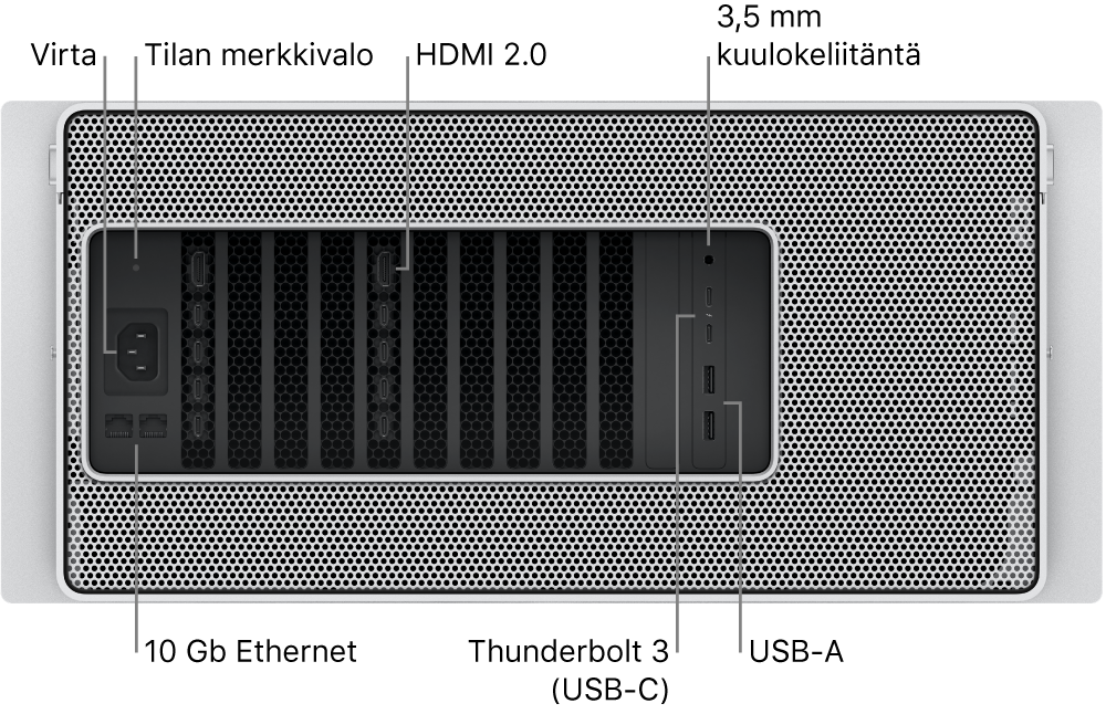 Mac Pron takaosa, jossa näkyy virtaliitäntä, merkkivalo, kaksi HDMI 2.0 -porttia, 3,5 mm kuulokeliitäntä, kaksi 10 Gigabit Ethernet -porttia, kaksi Thunderbolt 3 (USB-C) -porttia ja kaksi USB-A-porttia.