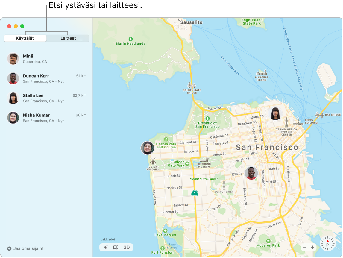 Voit etsiä ystäväsi tai laitteesi klikkaamalla Ihmiset- tai Laitteet-välilehtiä. Näyttökuvassa näkyy Ystävät-välilehti valittuna vasemmalla ja oikealla San Franciscon kartta, jossa on kolmen ystävän sijainnit.