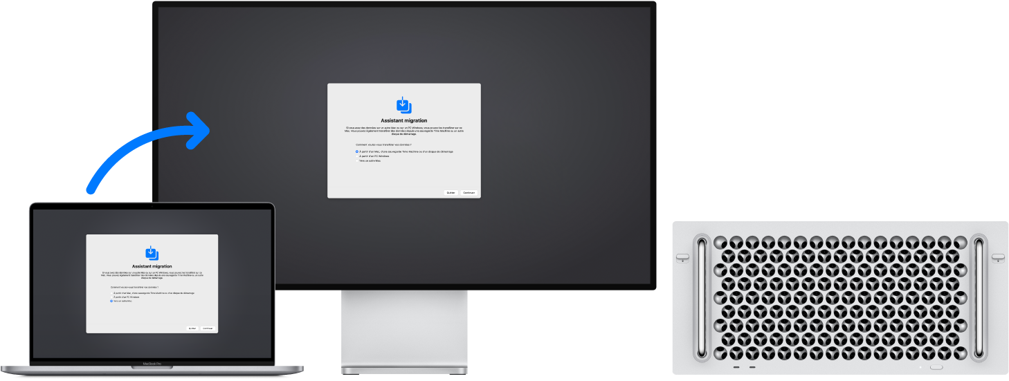 Un MacBook affichant l’écran de l’Assistant migration, avec une flèche pointant vers un nouveau Mac Pro affichant également l’écran de l’Assistant migration.