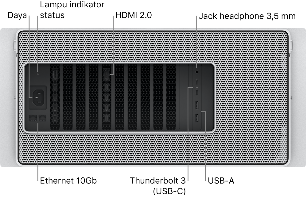 Bagian belakang Mac Pro menampilkan port Daya, lampu indikator status, dua port HDMI 2.0, jack headphone 3,5 mm, dua port Ethernet 10 Gigabit, dua port Thunderbolt 3 (USB-C), dan dua port USB-A.