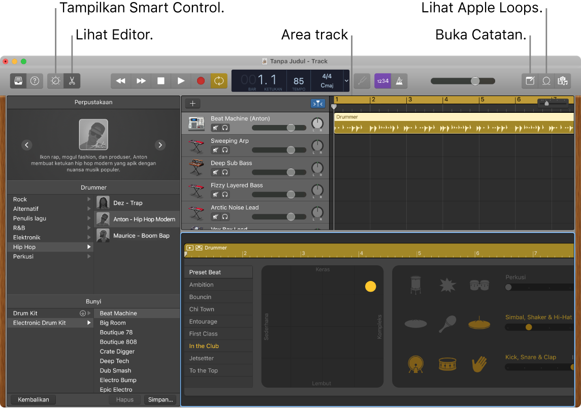 Jendela GarageBand menampilkan tombol untuk mengakses Smart Control, Editor, Catatan, dan Apple Loops. GarageBand juga menampilkan tampilan track.