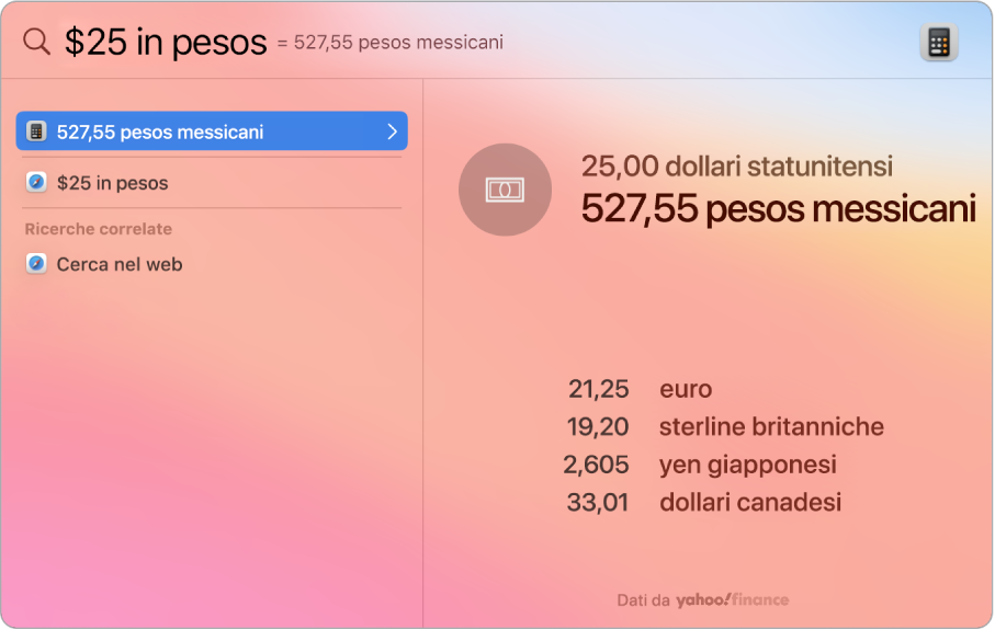 Una schermata che mostra la conversione da dollari a pesos con un risultato migliore che mostra la conversione e diversi altri risultati selezionabili.