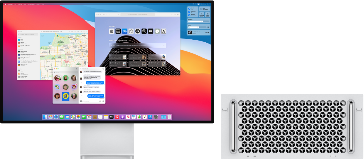 Un Mac Pro collegato a un monitor Pro Display XDR, con la scrivania che mostra Centro di Controllo e varie app aperte.