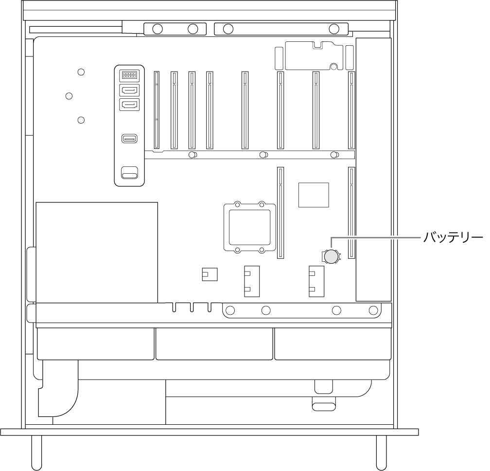 Mac Proのカバーを開けた状態の側面図。コイン型電池の場所が示されています。