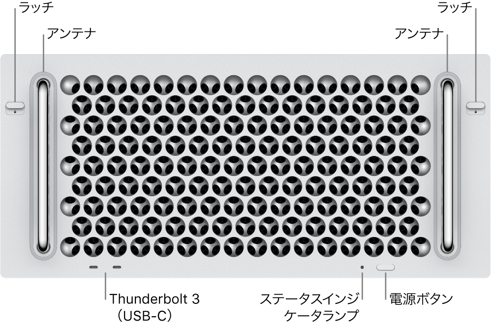Mac Proの前面。2つのThunderbolt 3(USB-C)ポート、システム・インジケータ・ランプ、電源ボタン、アンテナが示されています。